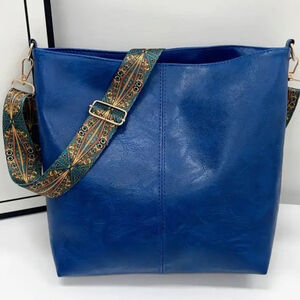 NEW: Blue Polyurethane Tote Bag with Patterned Strap in dust bag